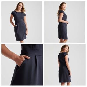Quince Navy sz L Ultra-Stretch Ponte Cap Sleeve Sheath Shift Dress Office Career